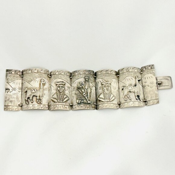 Vintage Peruvian Storyteller Panel Bracelet 900 Silver Signed - Picture 11 of 11